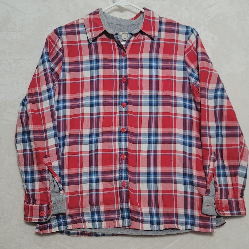 LL Bean Shirt Womens Small Red Blue Plaid Fleece Lined Button Up Casual Pocket